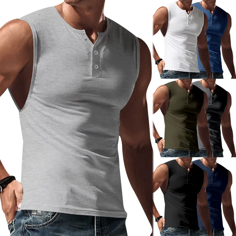 Men's Slim Fit Henley Tank Top Sleeveless Sporty Casual Vest Polyester Button Neck Muscle Workout Undershirt