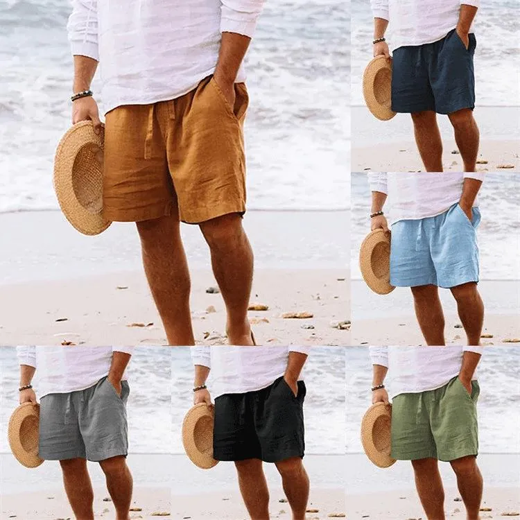 Pantaloncini Casual in Cotone e Lino da Uomo Estivi Con Coulisse Vita Elastica Taglio Dritto Tinta Unita Traspirante Mare