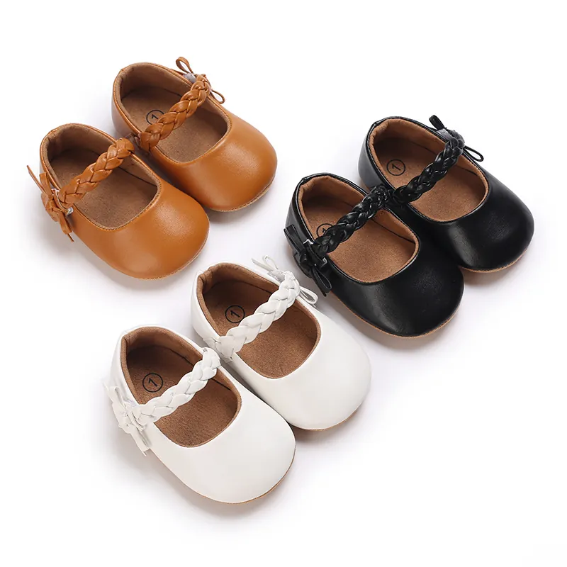 Baby Mädchen Mary Jane Lauflernschuhe Weiche Sohle Rutschfeste Prinzessin Schuhe Gewebte Riemen Schleife Dekor Atmungsaktive PU Leder Babyschuhe
