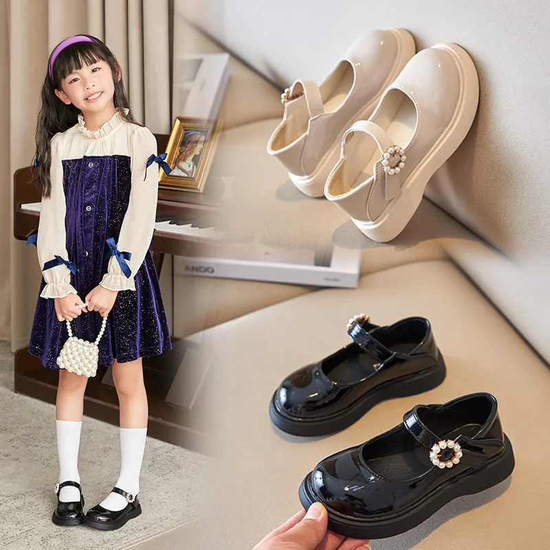 Girls Sweet Mary Jane Shoes Patent Leather Pearl Buckle Soft Sole School Uniform Dress Shoes For Kids Toddlers