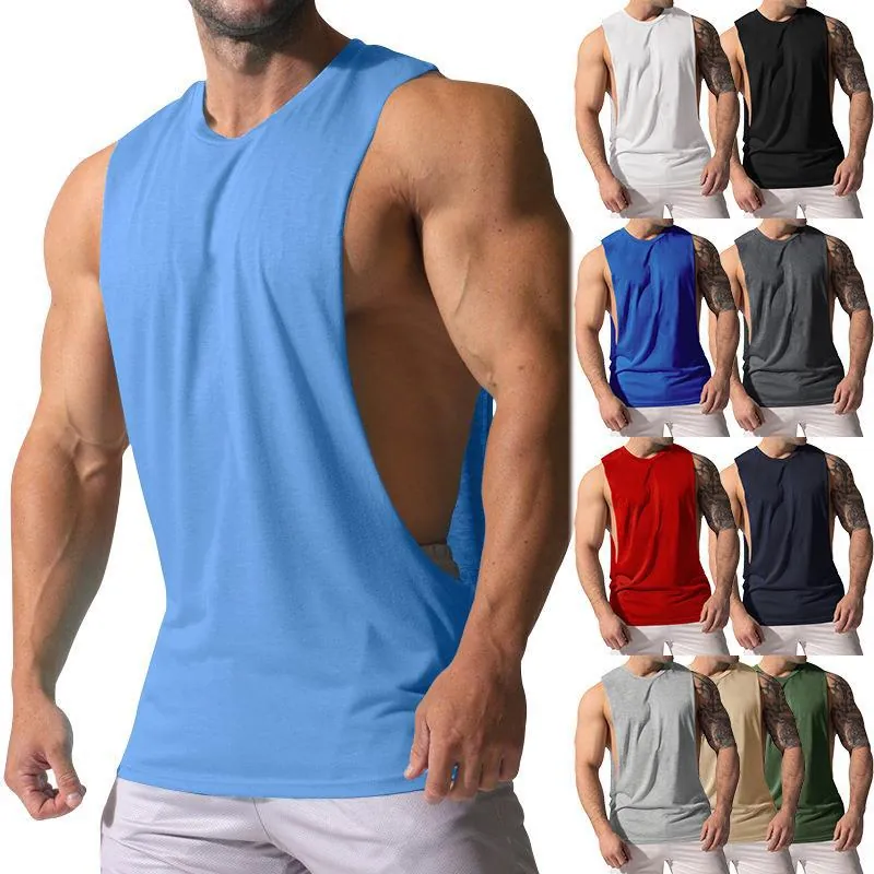 Men Sport Tank Top Polyester Open Side Slit Sleeveless Wide Shoulder Muscle Shirt Gym Fitness Workout Casual Loose Top