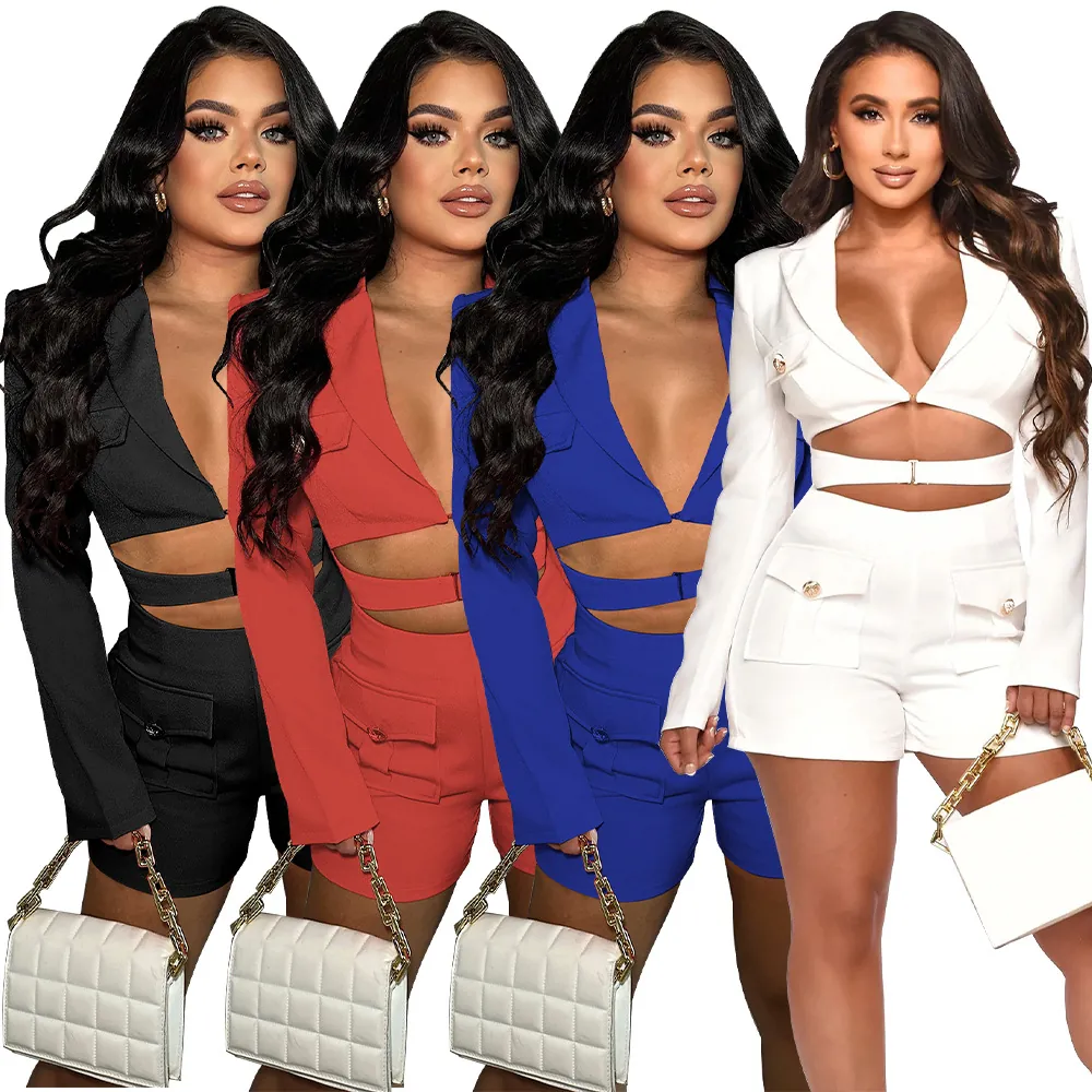 Sexy Deep V Neck Long Sleeve Women Top And Bottom With Pockets Hollow Out Cutout Solid Color Fashion Romper Outfit