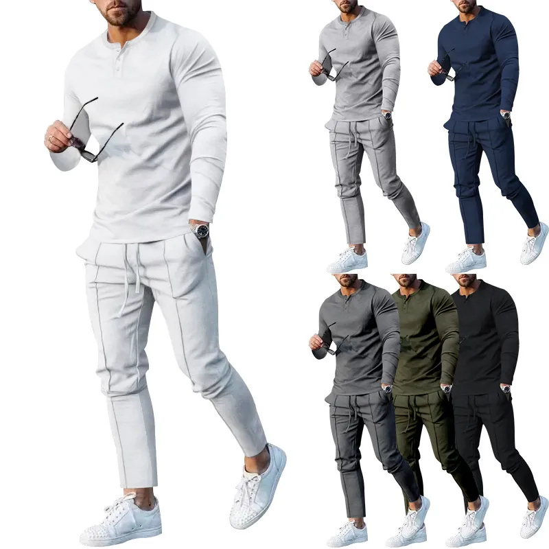 Men Henley Neck Long Sleeve Top And Bottom Sporty Casual Solid Color Polyester T-Shirt Jogger Pants Sportswear Suit