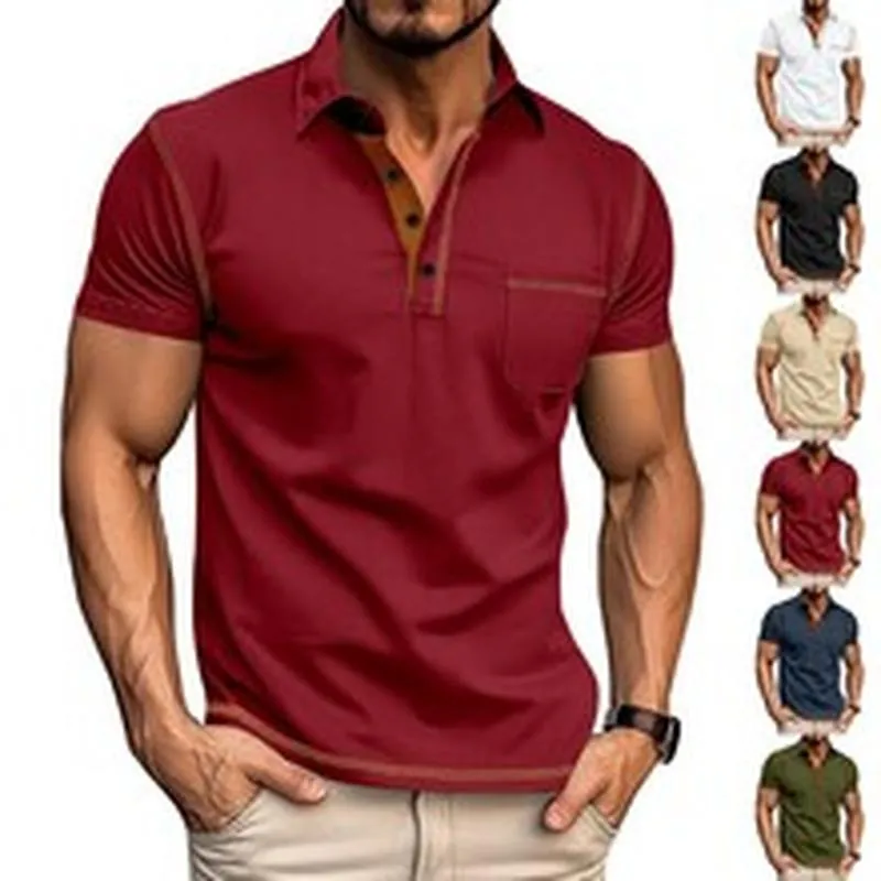 Men's Casual Short Sleeve Polo Shirt With Contrast Stitching Turn-Down Collar Pocket Regular Fit Urban Fashion Top