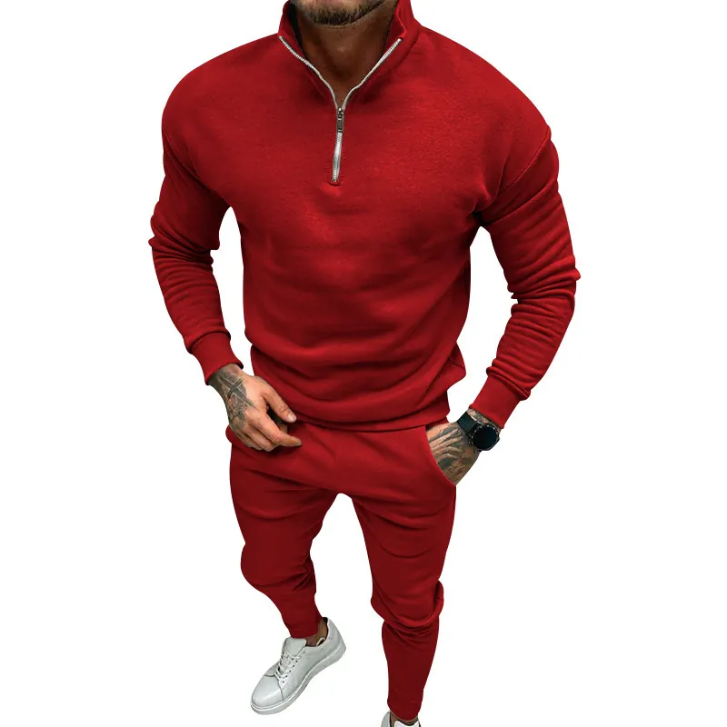 Men's Casual Fleece Lined Top And Bottom Solid Color 1/4 Zip Stand Collar Long Sleeve Sportswear Sweatshirt And Pants Autumn Winter Tracksuit