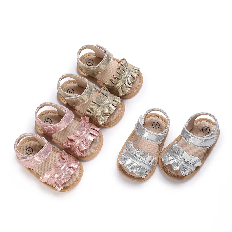 Baby Girl Princess Sandals Soft Sole Pre-walker Shoes Metallic PU Ruffle Hook Loop Infant Toddler First Walkers Fashion