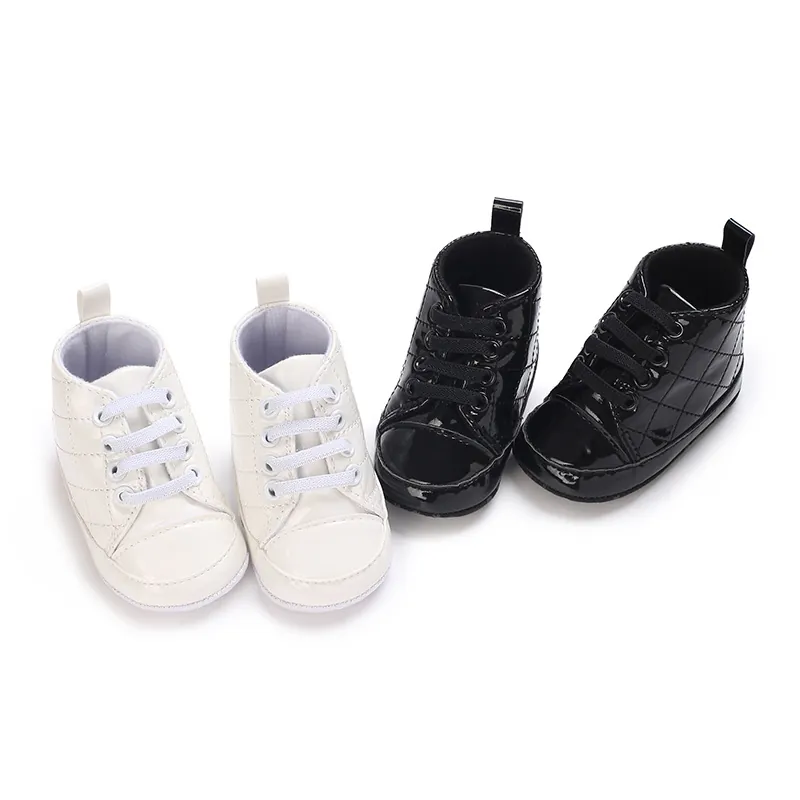 Kleinkind Baby High Top Lauflernschuhe Lack-Kunstleder Gestepptes Design Säugling Erstgeher Weiche Sohle Rutschfeste Lässige Sportschuhe Für Frühling Herbst