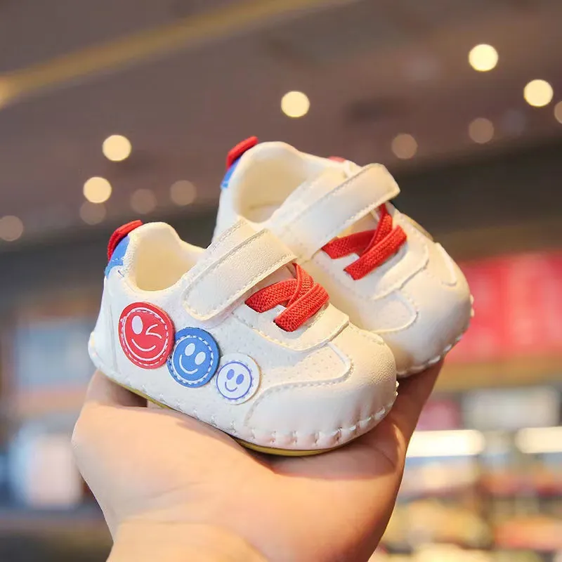 Scarpe da Primi Passi per Neonati in Pelle Microfibra Toppa Faccina Sorridente Chiusura a Strappo Sneaker Antiscivolo per Bambini
