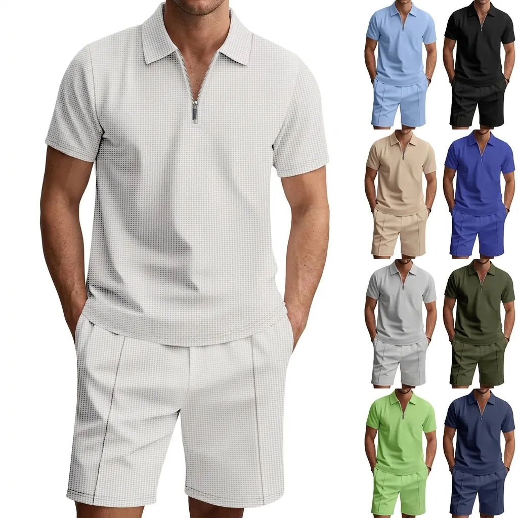 Set Top And Bottom Uomo Estivo in Maglia a Nido d'Ape Casual Polo T-Shirt con Cerniera e Pantaloncini Due Pezzi Abbigliamento Sportivo