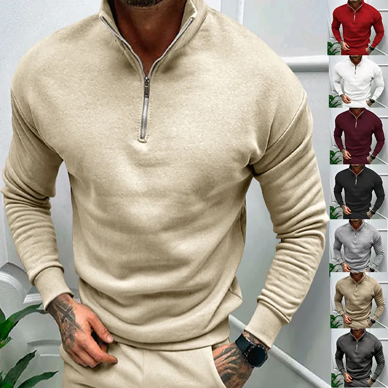 Men's Fleece Lined Half Zip Sweatshirt Stand Collar Solid Color Long Sleeve Pullover Autumn Winter Polyester Casual Top