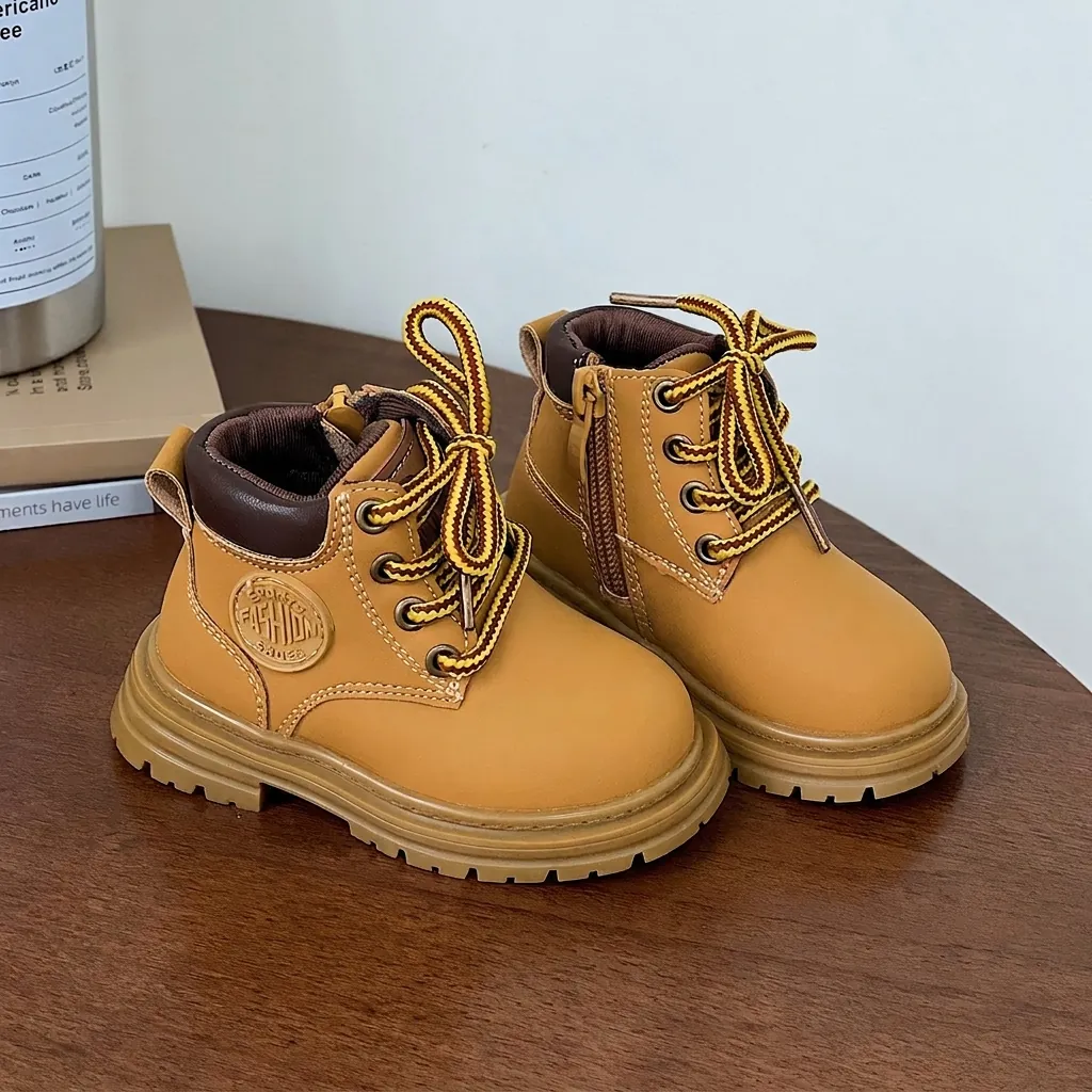 Bottines Martin Vintage pour Enfants Chaussures Jaunes Décontractées d'Extérieur Simili Cuir Semelle Souple Antidérapante Fermeture Éclair Latérale