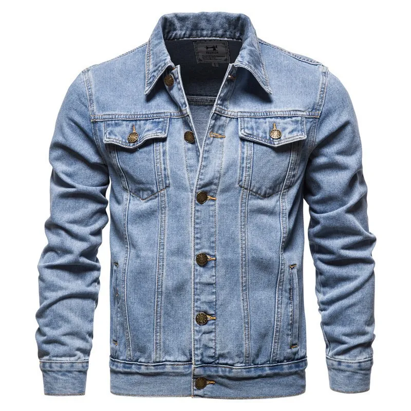 Men's Slim Fit Washed Denim Jacket Casual Polyester Outerwear With Lapel And Multi Pockets For Autumn Urban Fashion Style