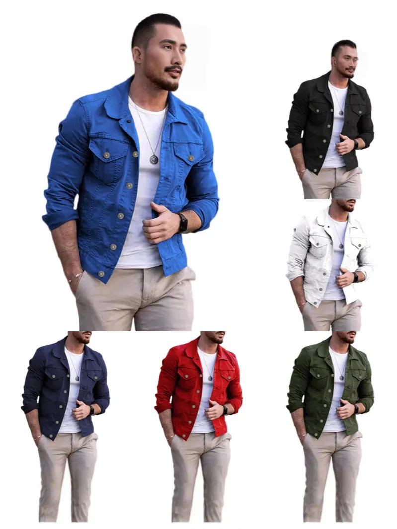 Men's Slim Fit Cotton Denim Style Jacket Solid Color Turn Down Collar Button Up Long Sleeve Multi Pocket Outerwear