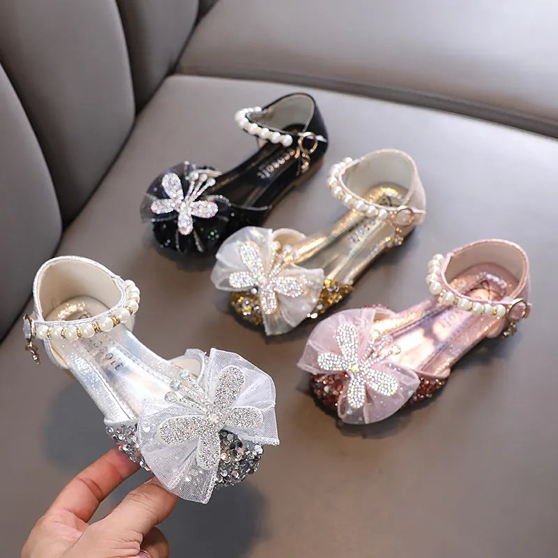 Mädchen Prinzessinnen-Schuhe Strass Schleife Funkelnde Pailletten Mary Jane Flats Perlenriemen Hochzeit Party Tanz Dress Schuhe Für Kinder