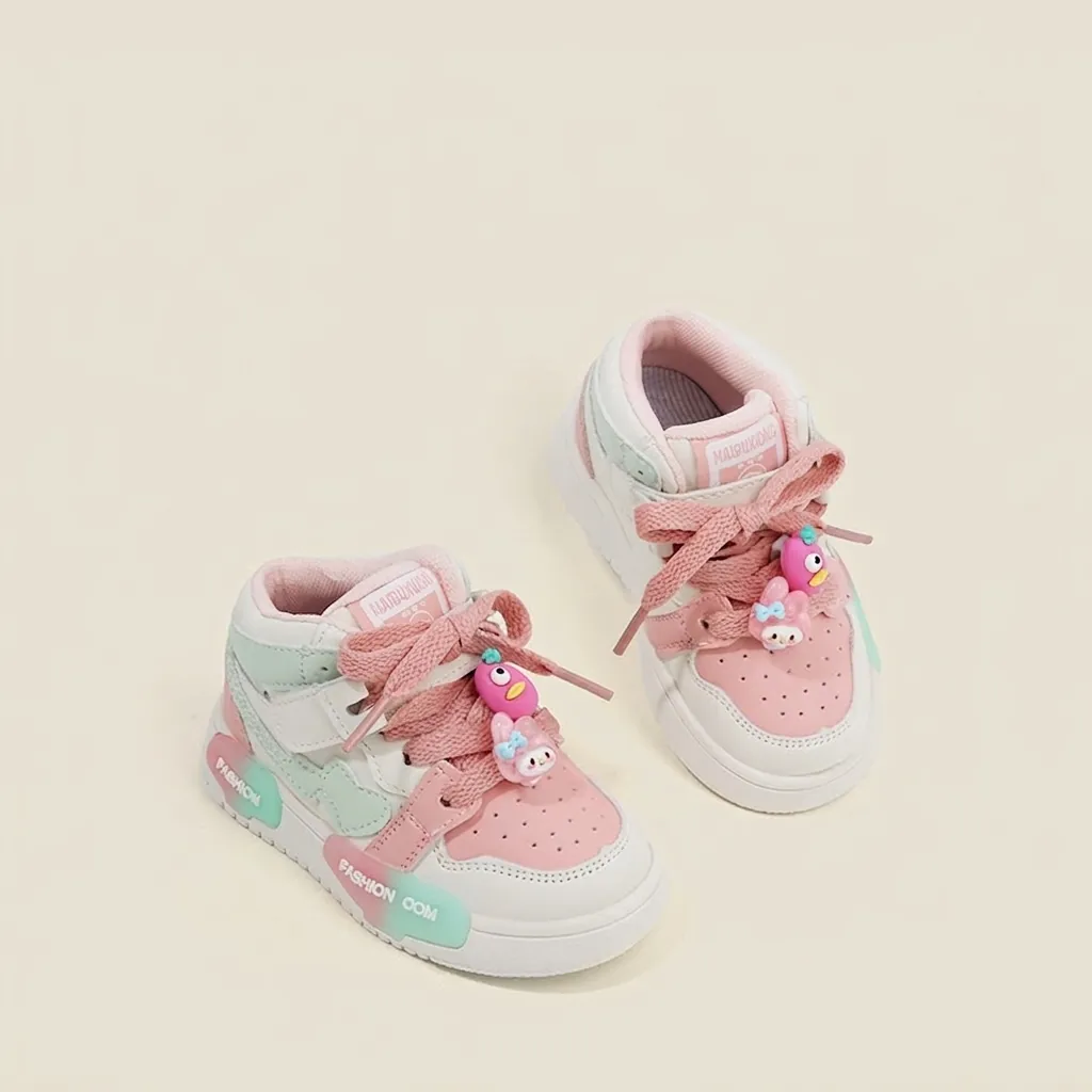 Girls Contrast Color High Top Sneakers Breathable Non-Slip Toddler Board Shoes With Cute Cartoon Charms Macaron Color Kids Casual Shoes