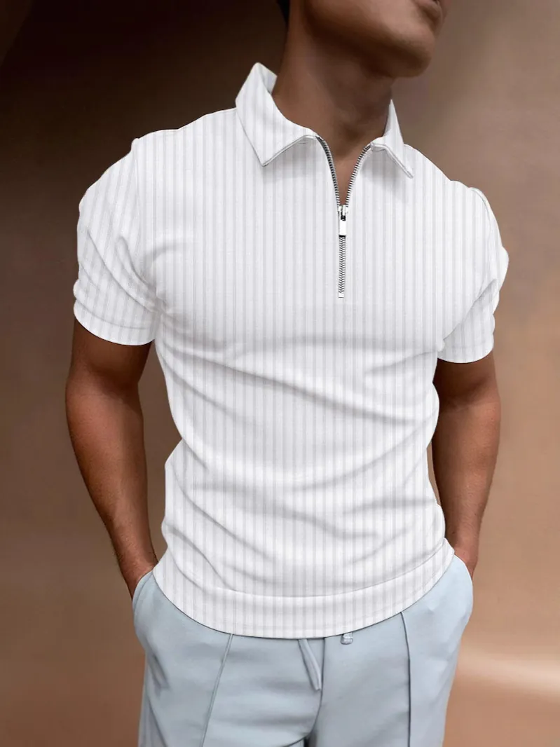 Men Slim Fit Cotton Polo Shirt Short Sleeve Half Zipper Vertical Stripe Casual Business Sporty Top For Summer