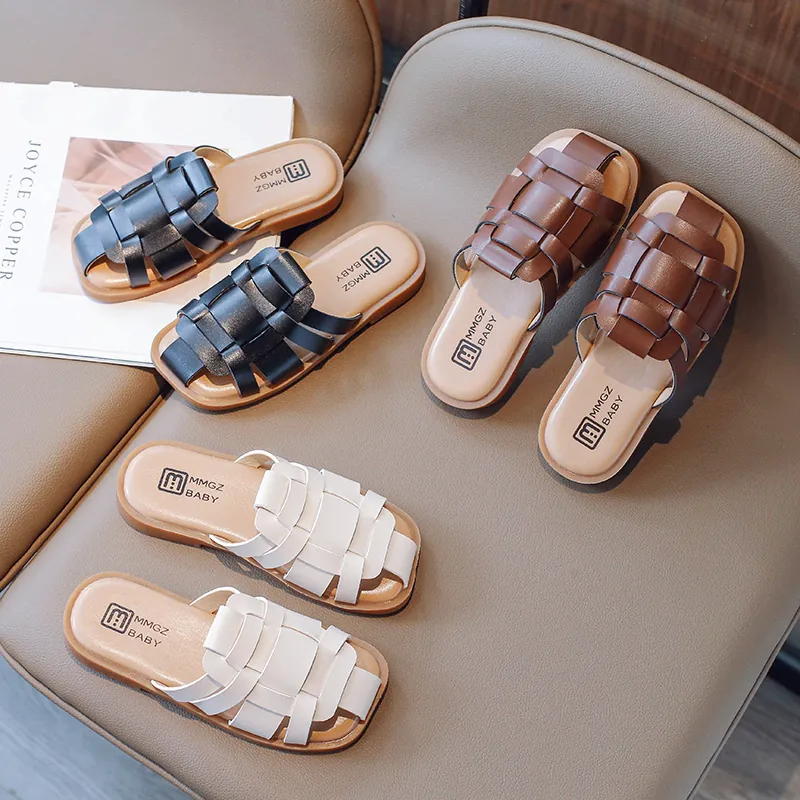 Pantuflas Tejidas de Puntera Cerrada para Niñas Verano Estilo Coreano Cuero Artificial Transpirable Sandalias de Playa Planas Zapatos Casuales de Moda