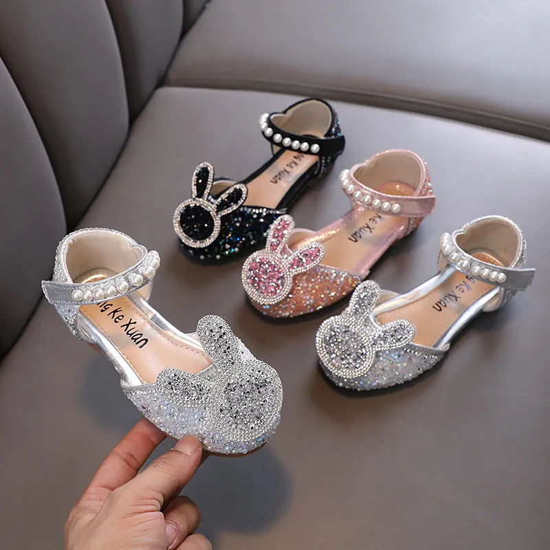 Girls Princess Shoes Cartoon Rhinestone Bunny Ears Pearl Decor Kids Dance Performance Sandals Silver Pink Black