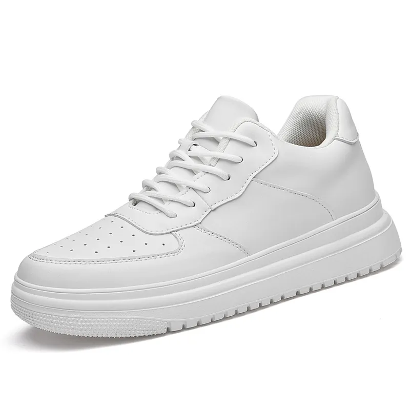 Men Cowhide Invisible Height Increase Board Shoes Breathable Fashion White Gray Sneakers Leather Stitching Casual Sport Shoes
