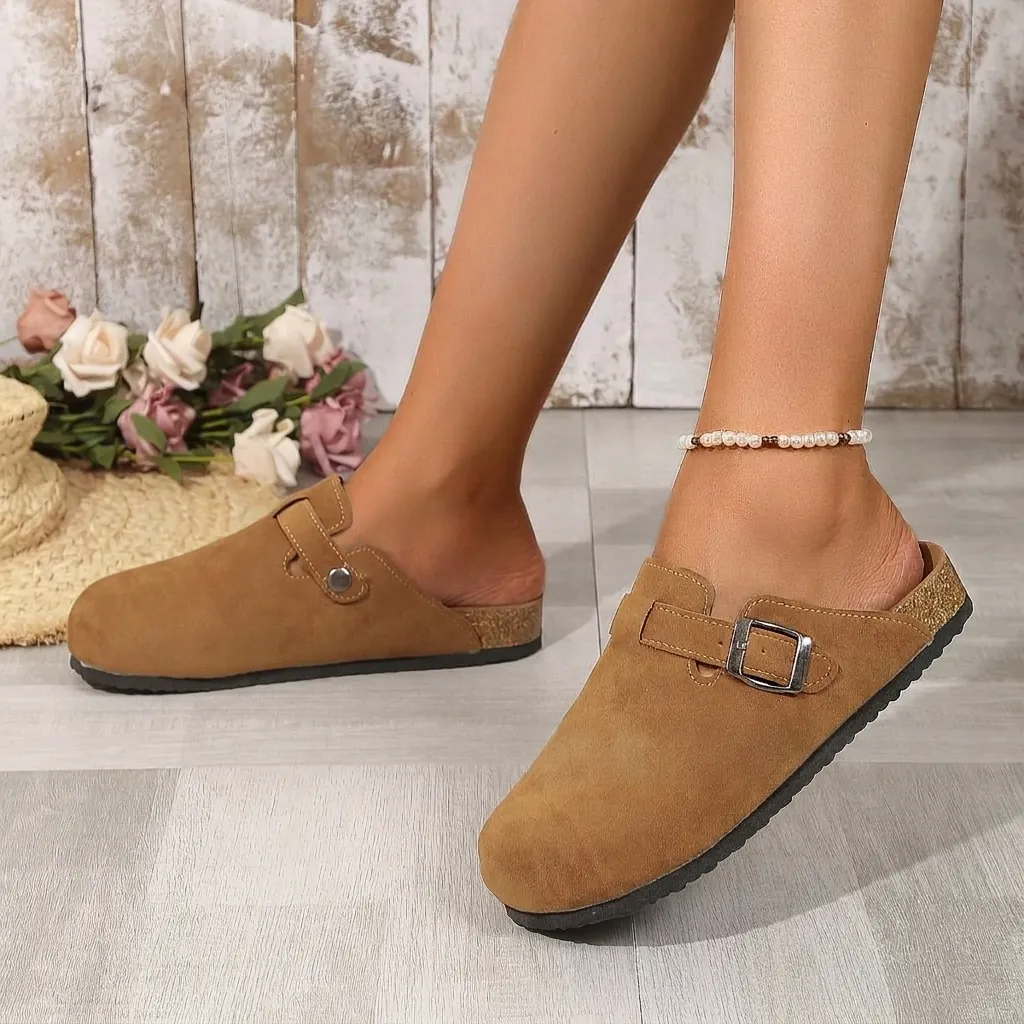 Women Suede Closed Toe Clogs Mules Adjustable Buckle Strap Flat Casual Slippers Slip On Walking Shoes Cork Footbed Rubber Sole