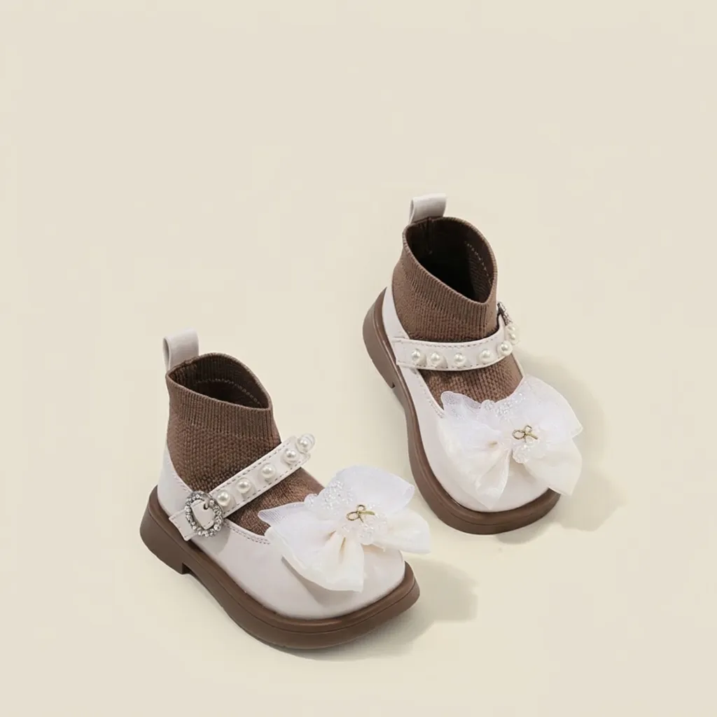 Zapatos de Calcetín de Princesa para Bebés Niñas Cuero de Microfibra Suela Blanda Primeros Pasos Con Lazo Grande Perlas Strass