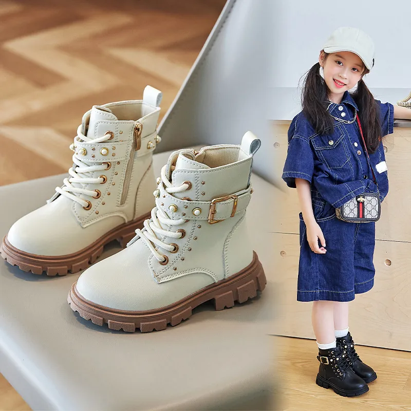 Women's Girls British Style Martin Boots Faux Leather Artificial Pearl Rivet Buckle Side Zipper Anti-Slip Chunky Sole Short Boots