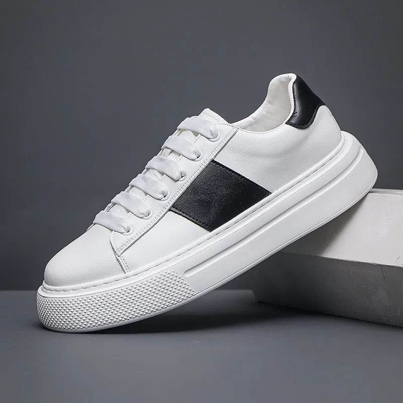 Herren Spaltleder Weiße Skateschuhe Dicke Sohle Casual Sneakers Minimalistische Mode Sportlich Vielseitig Rund Zehe Schnürschuhe