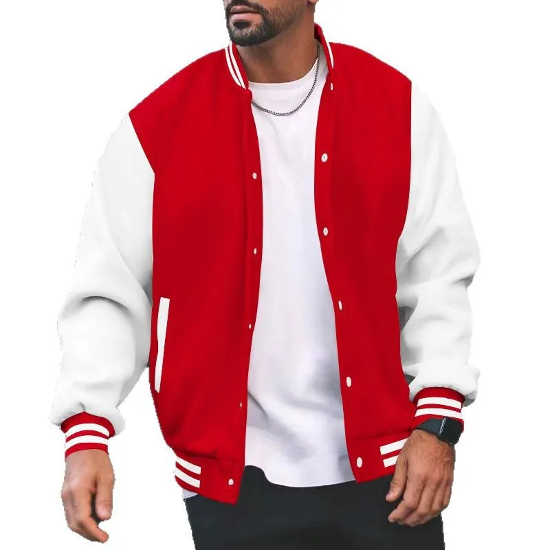 Heren Casual Varsity Baseballjack Contrastkleur Fleece Gevoerd Bomberjack met Knoppen Jongeren Mode Sportieve Bovenkleding Top