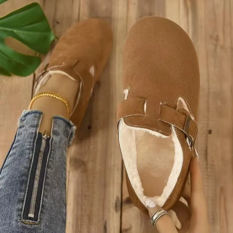Mules de Gamuza Sintética con Hebilla para Mujer Forro de Felpa Cálido Suela Blanda Zapatos de Invierno Casual Camello Zuecos