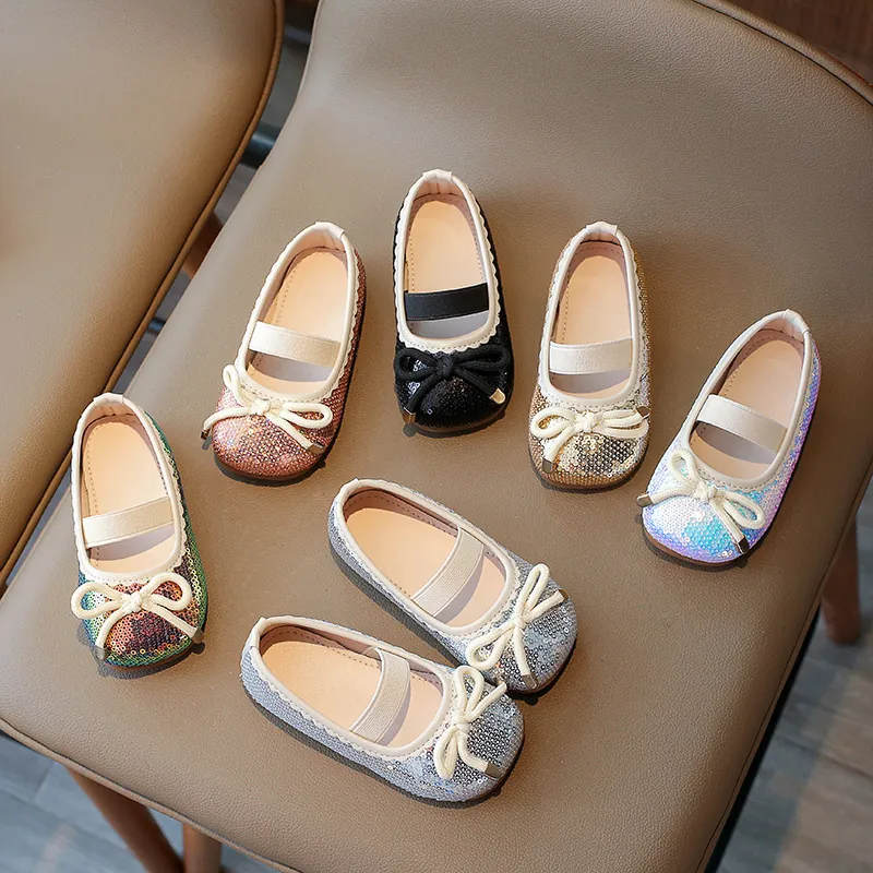 Girls Fashion Sequin Princess Shoes Sweet Bow Elastic Strap Flat Shoes For Toddler Little Kids Party Wedding Dress Shoes