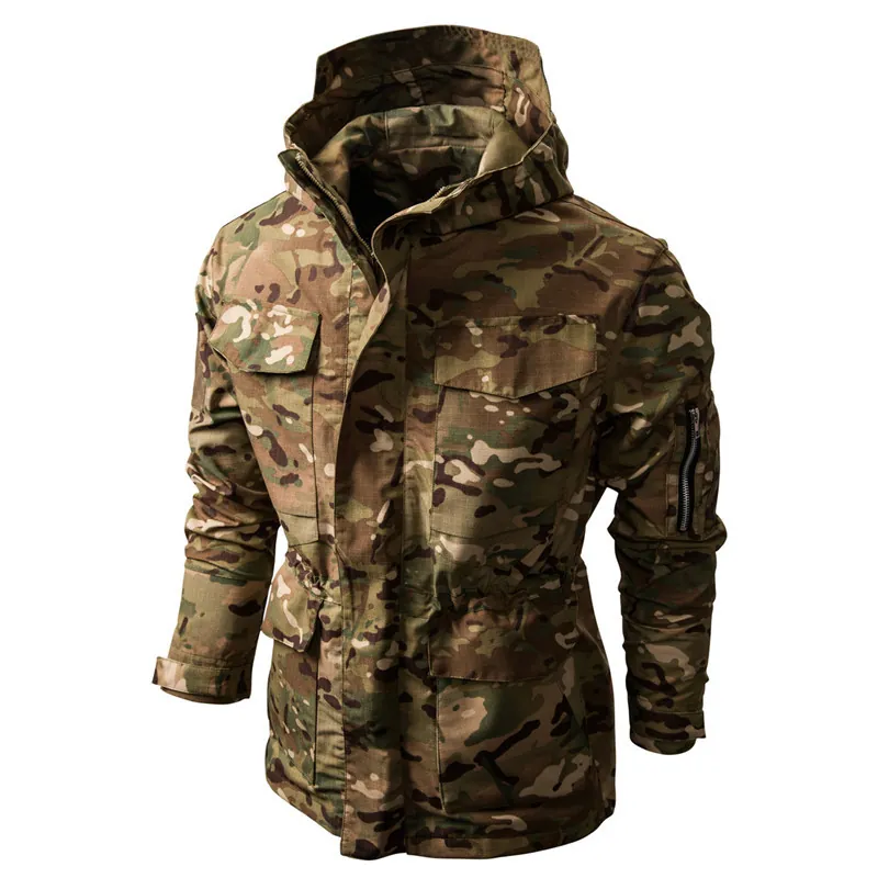 Herren Taktische Camouflage Kapuzenjacke Langlebig Polyester Winddicht Mehrfachtaschen Militärstil Outdoor Utility Top