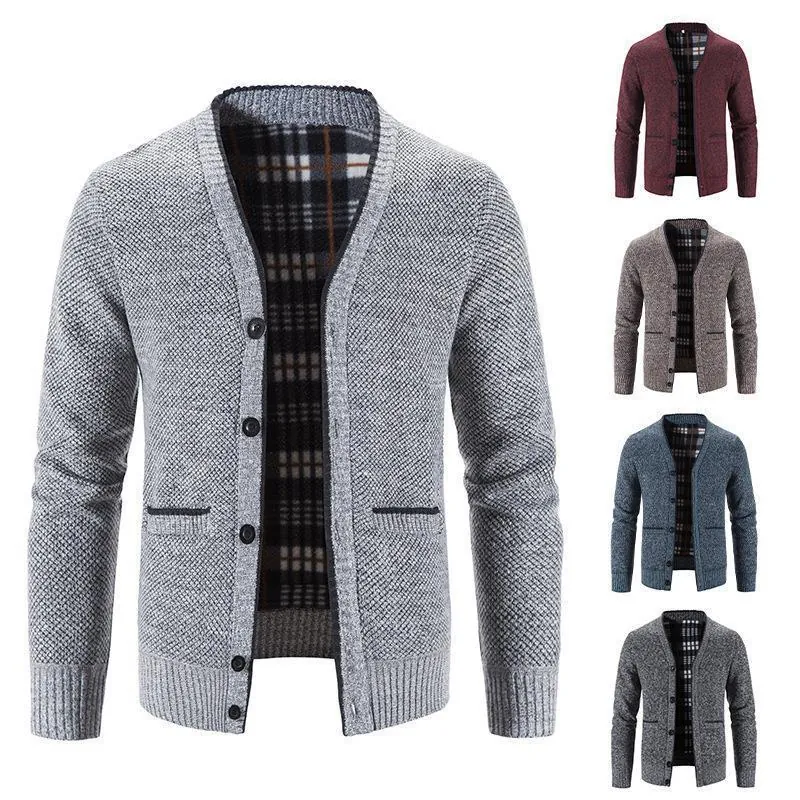 Men's V-Neck Knitted Cardigan Sweater Thickened Winter Jacket With Checkered Lining Casual Polyester Button Up Outerwear