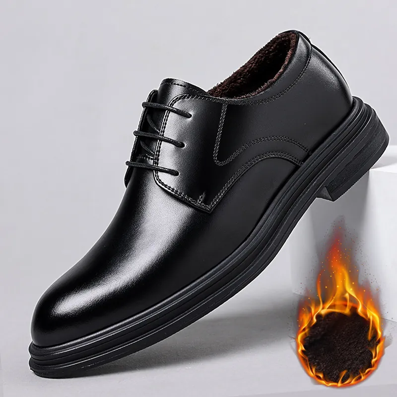 Men Business Formal Cowhide Leather Shoes Fleece Lined Height Increasing 6cm British Style Wedding Dress Shoes Non-Slip Black