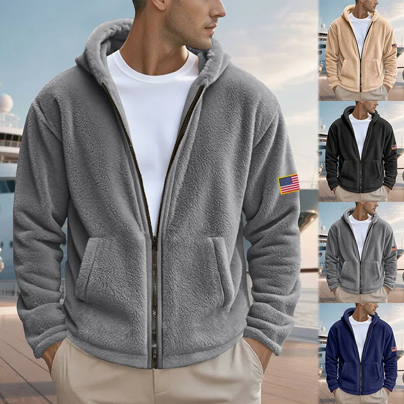 Sweat à Capuche Zippé Style Américain pour Hommes Polaire Double Face Haut Décontracté avec Patch Drapeau Américain