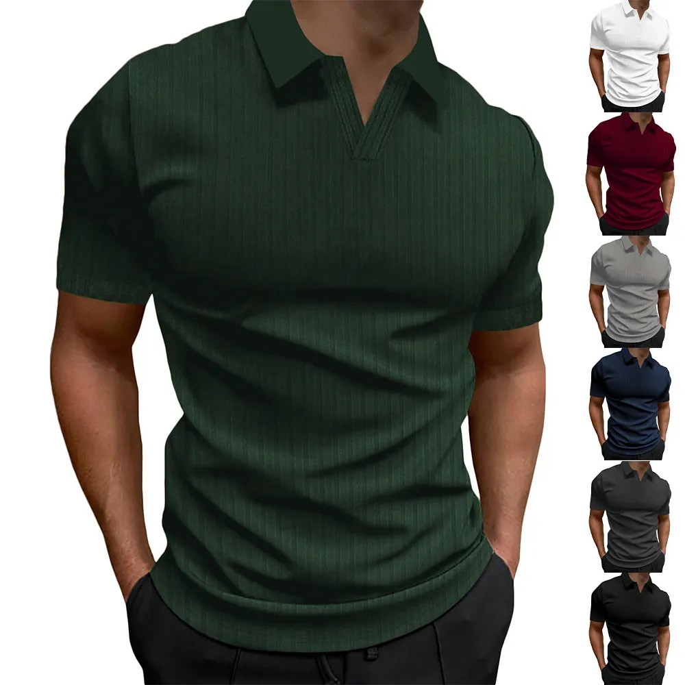 Men Casual Striped Polo Shirt Ribbed V Neck Short Sleeve Summer Sport Top Breathable Polyester Fashion Male Clothing
