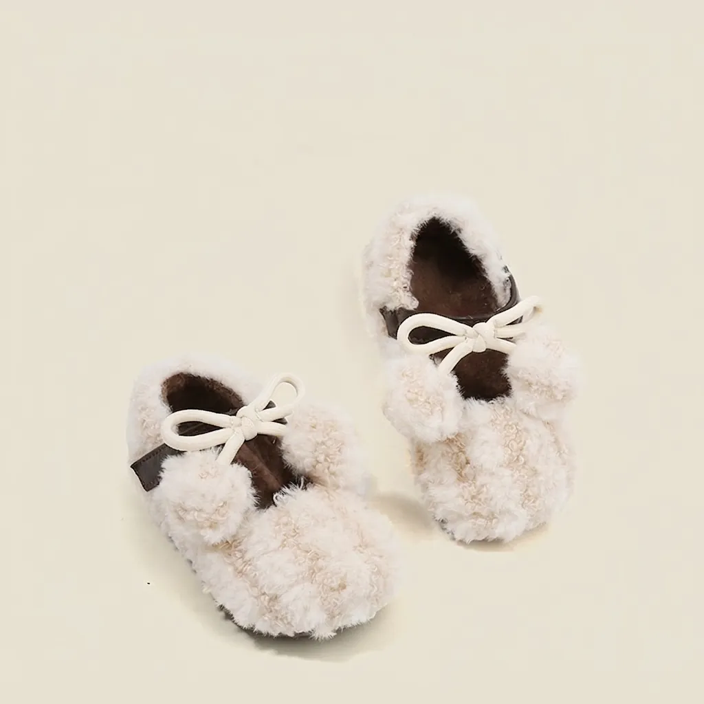 Kleinkind Baby Mädchen Prinzessin Lauflernschuhe Winter Warm Kunstpelz Fleece Gefüttert Kleinkind Baumwollschuhe Schleife Plüschball