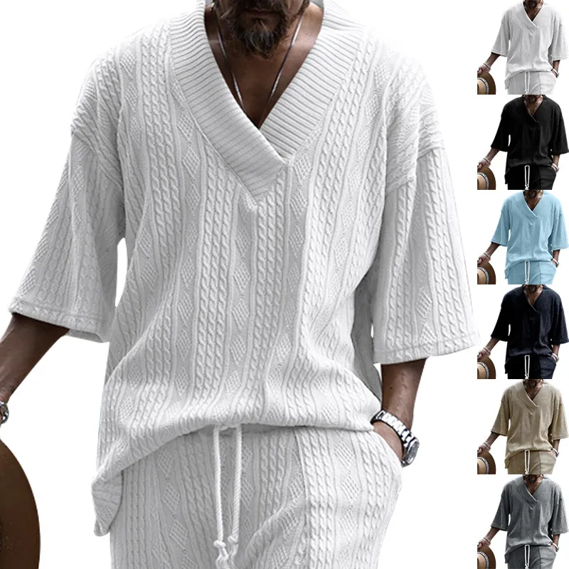 T-Shirt Casual en Tricot Torsadé pour Hommes Mélange de Coton Col en V Manches Courtes Coupe Large Jacquard Top