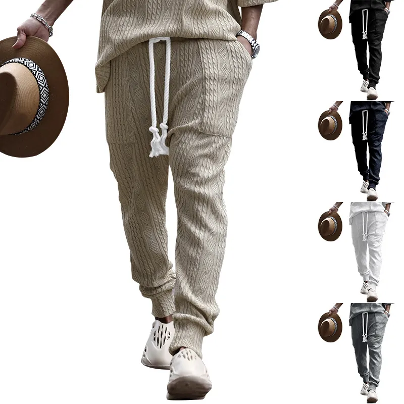 Ανδρικό Παντελόνι Jogger από Πλεκτό Ζακάρ Βαμβακερό Slim Fit Μέση με Κορδόνι Αθλητική Casual Φόρμα Ριμπ Μανσέτες Ανδρικό Παντελόνι με Υφή Άνοιξη Φθινόπωρο