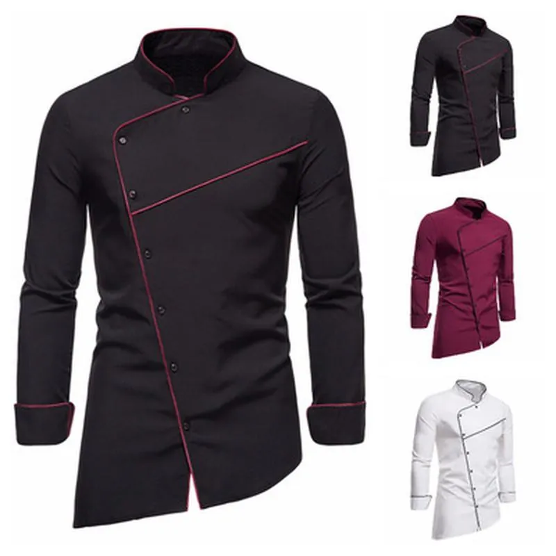 Men Business Casual Long Sleeve Shirt Stand Collar Asymmetric Slant Placket Contrast Piping Tuxedo Inner Shirt