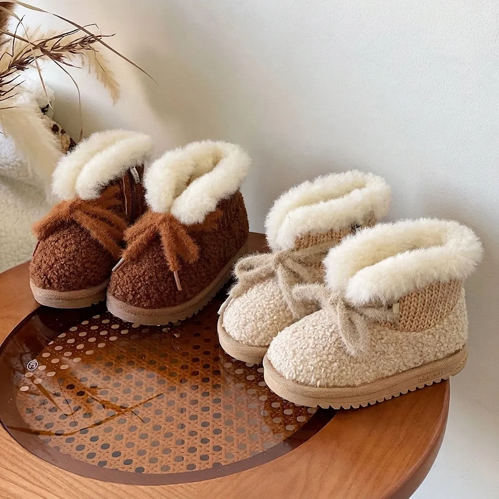 Winter Kleinkind Baby Mädchen Schneestiefel Warme Sherpa Baumwollschuhe Weiche Sohle Säugling Walking Stiefel Mit Schleife Seitenreißverschluss