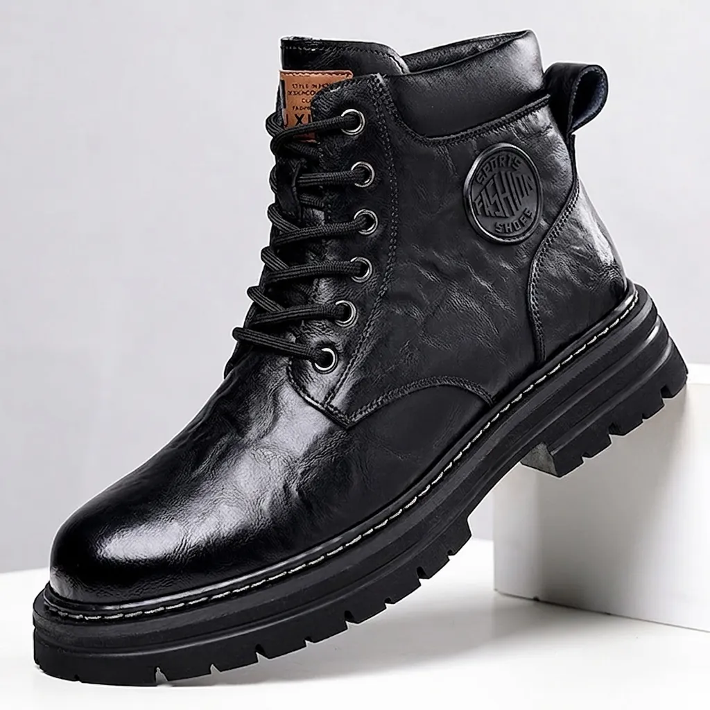 Men's Retro Black Martin Boots Fleece Lined Warm Motorcycle Work Boots Anti-Slip Leather Boots For Autumn Winter