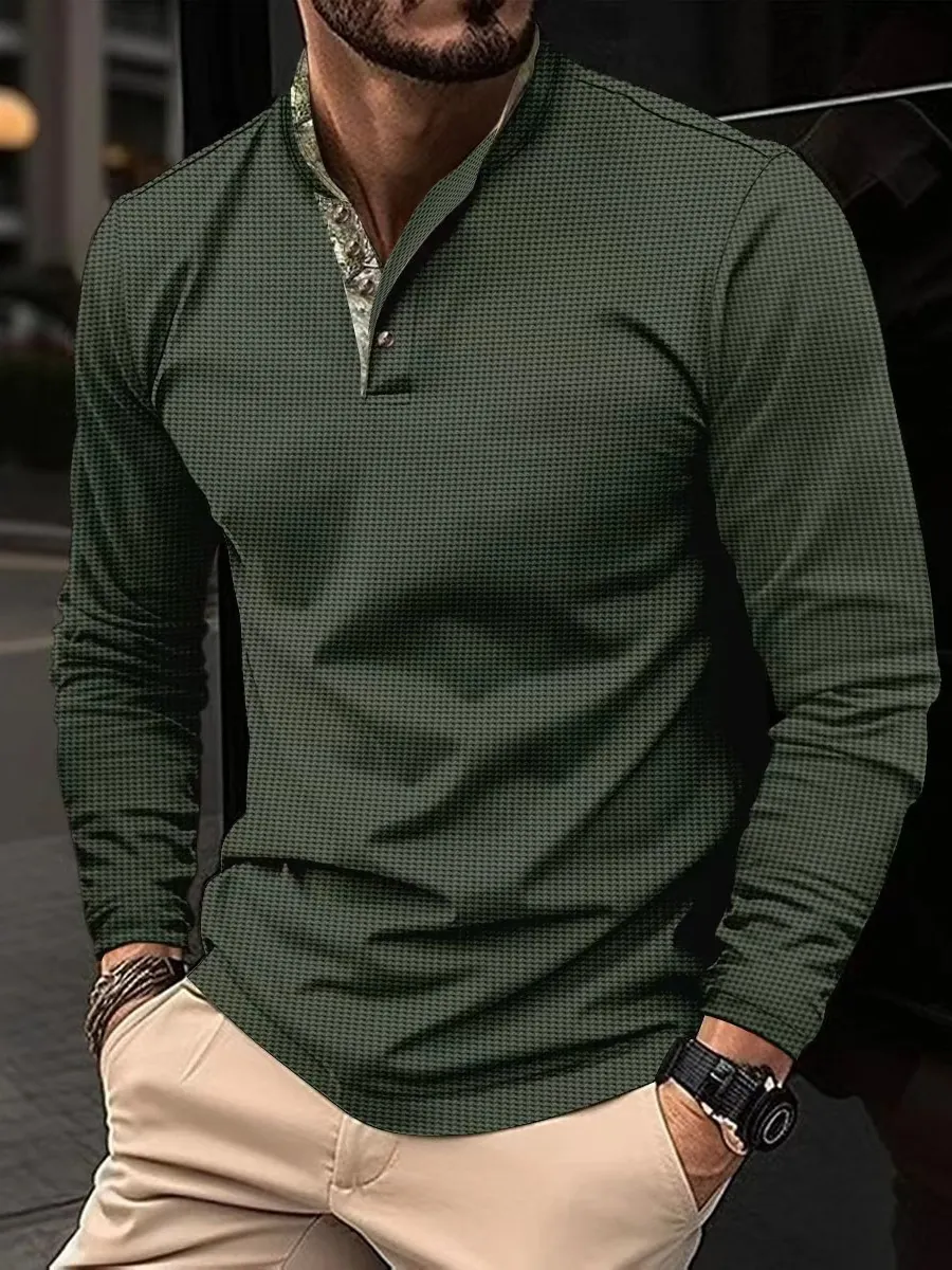 Herren Waffelstrick Langarm T-Shirt Lässig Slim Fit Henley Stehkragen Einfarbig Herbst Winter Top