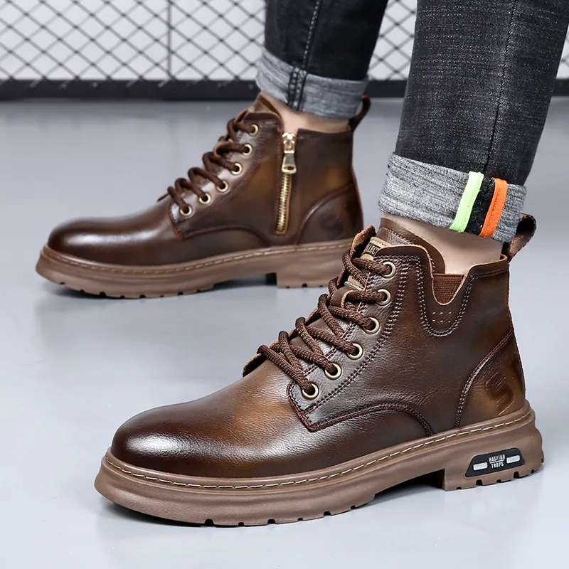 Herren Retro Spaltleder Martin-Stiefel Winter Warm Workwear Stiefel Mit Seitenreißverschluss Casual Schnürschuhe Mid-Top Outdoor Schuhe