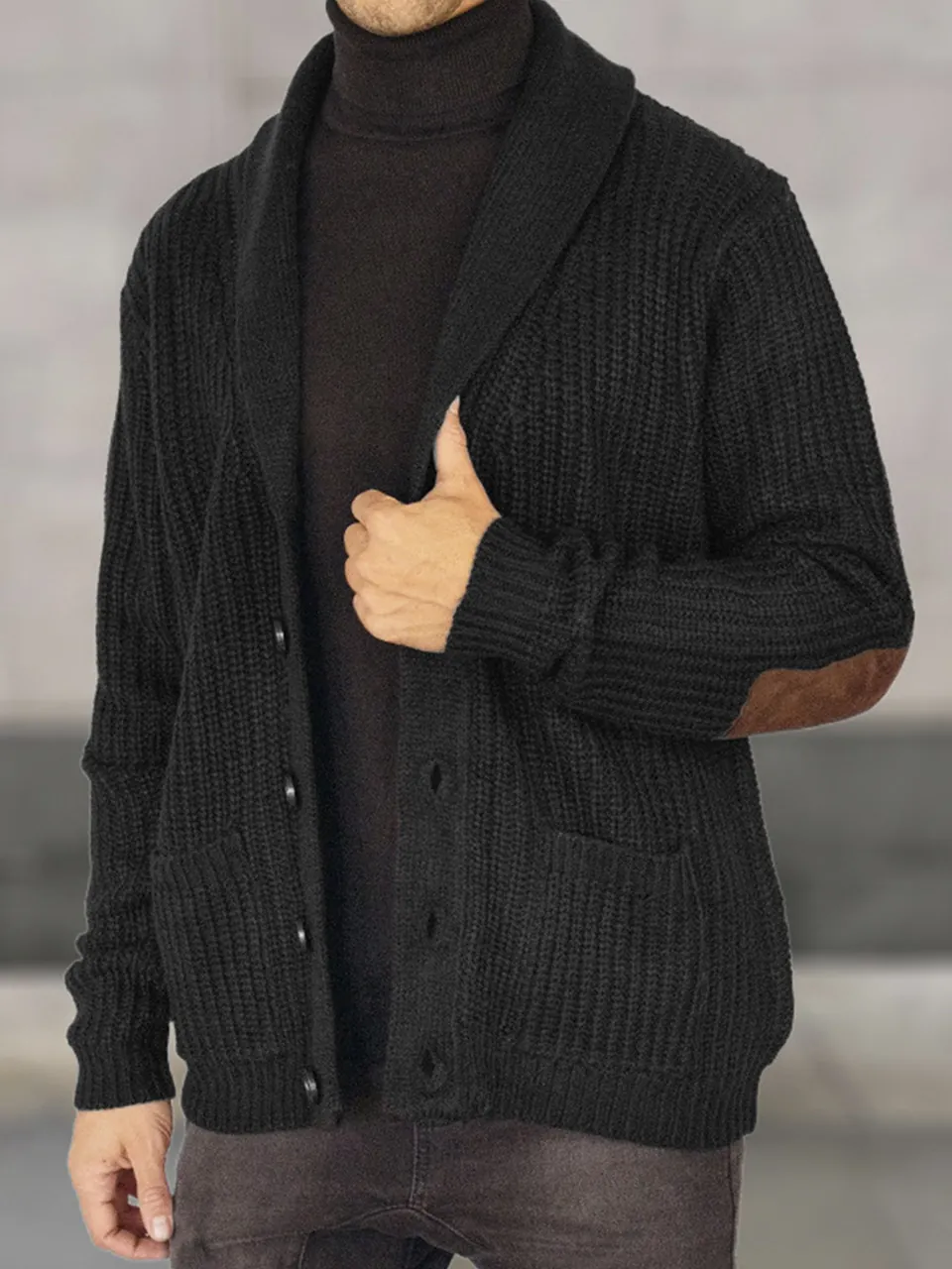 Men's Casual Knitted Cardigan Jacket Suede Elbow Patches Shawl Collar Long Sleeve Warm Sweater Outwear Autumn Winter Fashion
