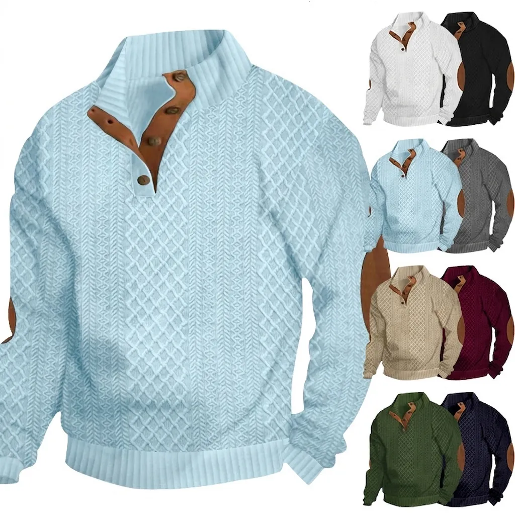 Men Vintage Stand Collar Sweatshirt Jacquard Knit Top With Elbow Patches Regular Fit Casual Long Sleeve Pullover