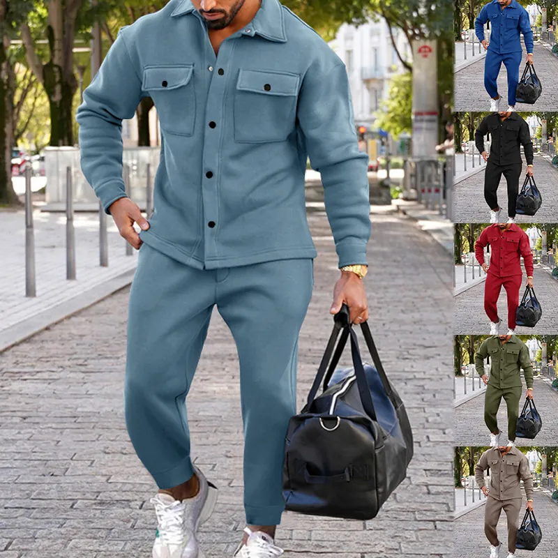Men Suede Look Tracksuit Set Single Breasted Jacket and Drawstring Jogger Pants Solid Color Slim Fit Casual Outfit