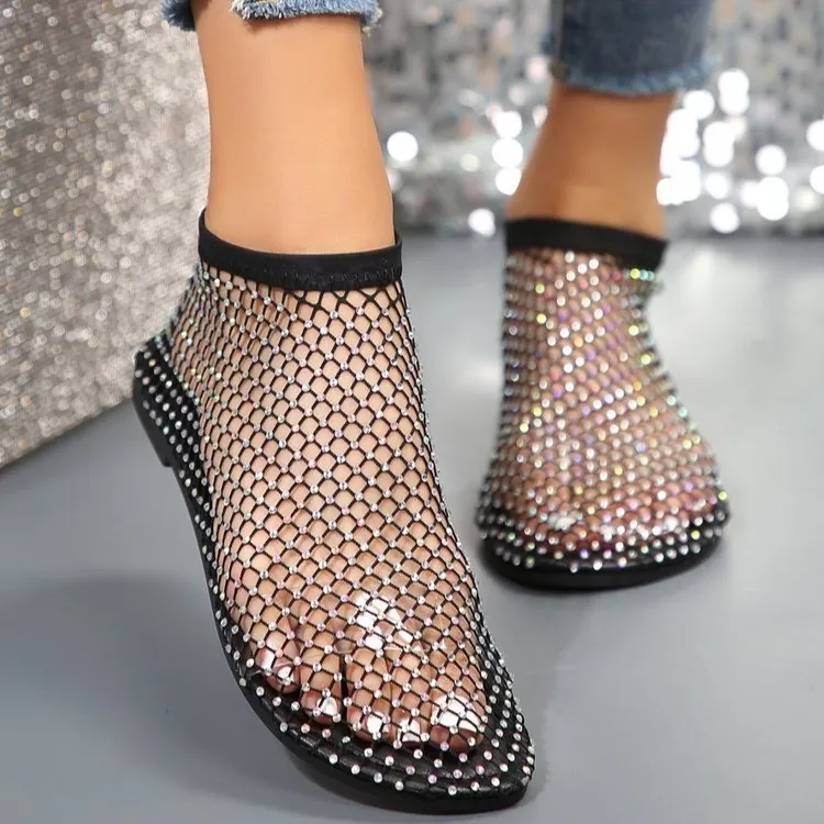 Women's Summer Rhinestone Hollow Mesh Flat Sandals Round Toe Ankle Boots Sexy Sparkly Fishnet Sandal Boots Plus Size Casual Shoes