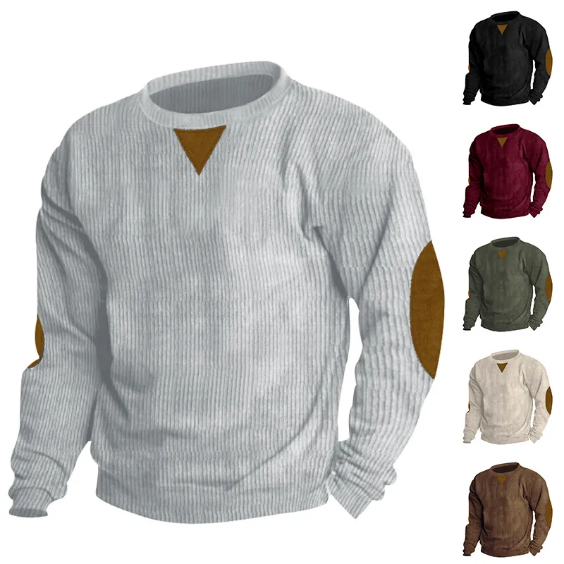 Men's Casual Corduroy Long Sleeve Sweatshirt Retro Crew Neck Top With Elbow Patches Solid Color Pullover Autumn Winter