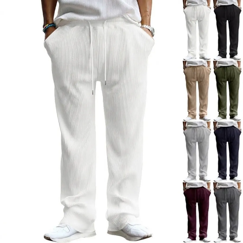 Pantalones Casuales de Hombre Jacquard a Rayas Pierna Ancha Holgados Rectos con Cordón de Poliéster Pesado para Ocio Diario