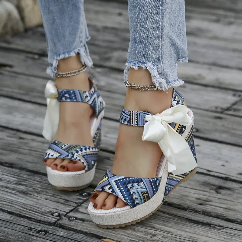 Women Ethnic Style Wedge Sandals Peep Toe Geometric Print Canvas Platform High Heels Bohemian Bow Tie Vacation Sandals